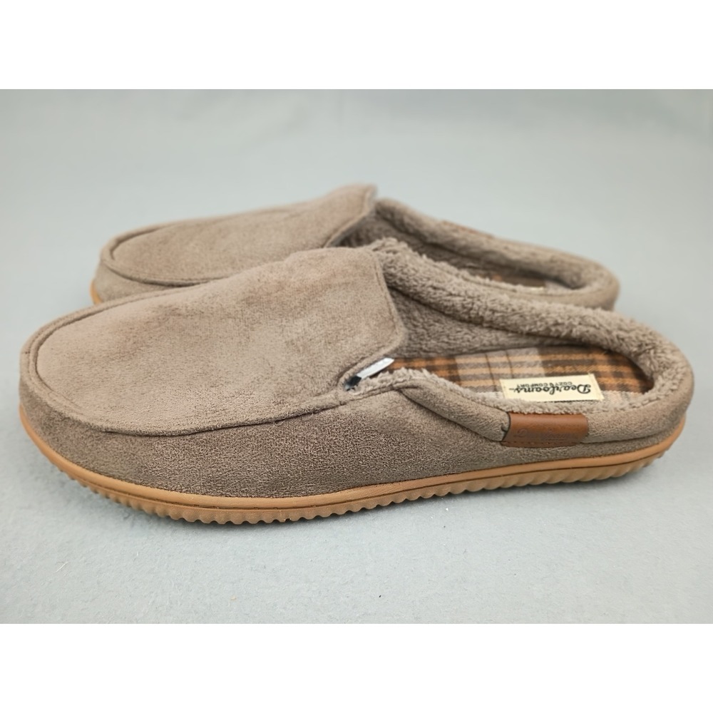Dearfoams Mens Clog Slippers Taupe Brown Plaid Faux Fur Lined Size L 11-12 - Picture 3 of 7